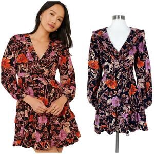 Anthropologie | Pilcro Floral Ruffle Corduroy Black Orange Purple Mini Dress L